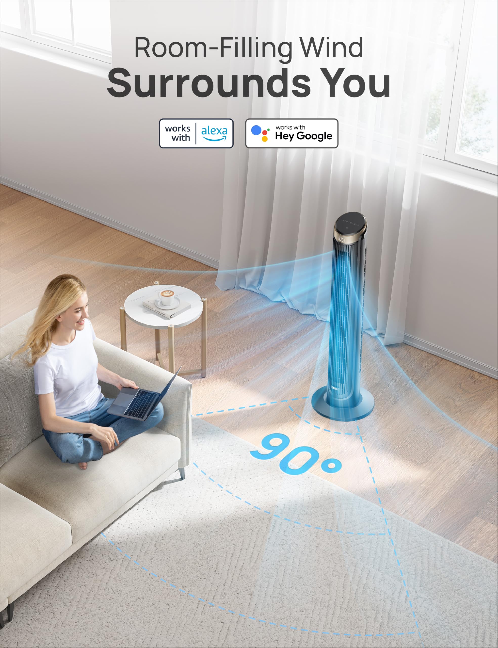 DREO 40-inch WiFi Tower Fan 90-degree oscillation for wide room coverage.
