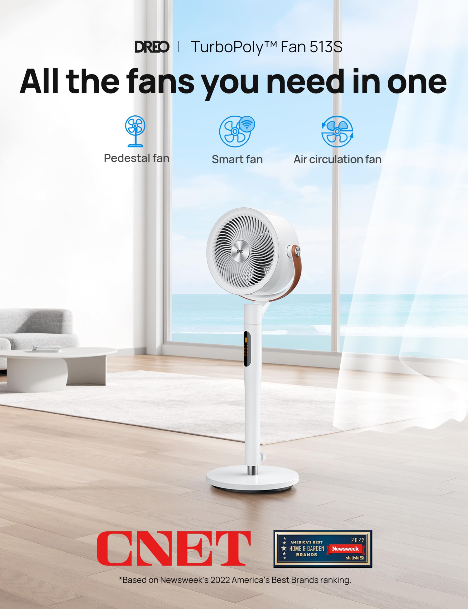 DREO 43inch pedestal fan standing tall beside furniture for page-wide airflow.