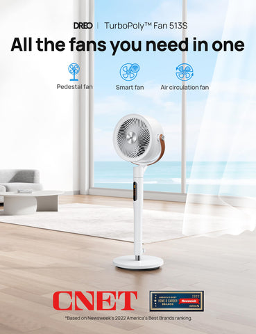 DREO 43inch pedestal fan standing tall beside furniture for page-wide airflow.