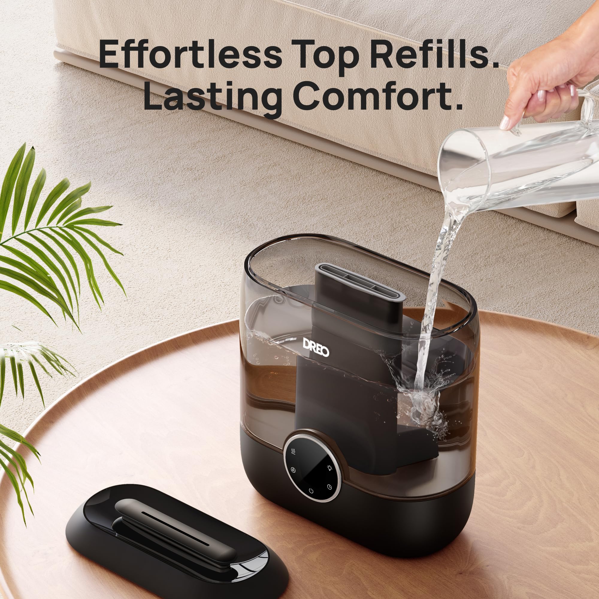 DREO 6L top-fill humidifier digital display for quick humidity checks and adjustments.