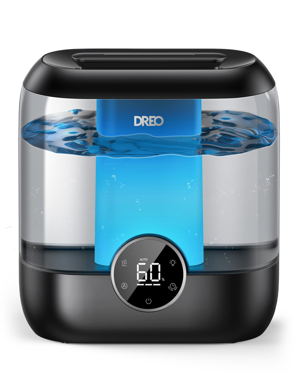 DREO 6L top-fill humidifier front view showing large-room performance with steady mist.