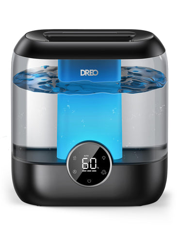 DREO 6L top-fill humidifier front view showing large-room performance with steady mist.