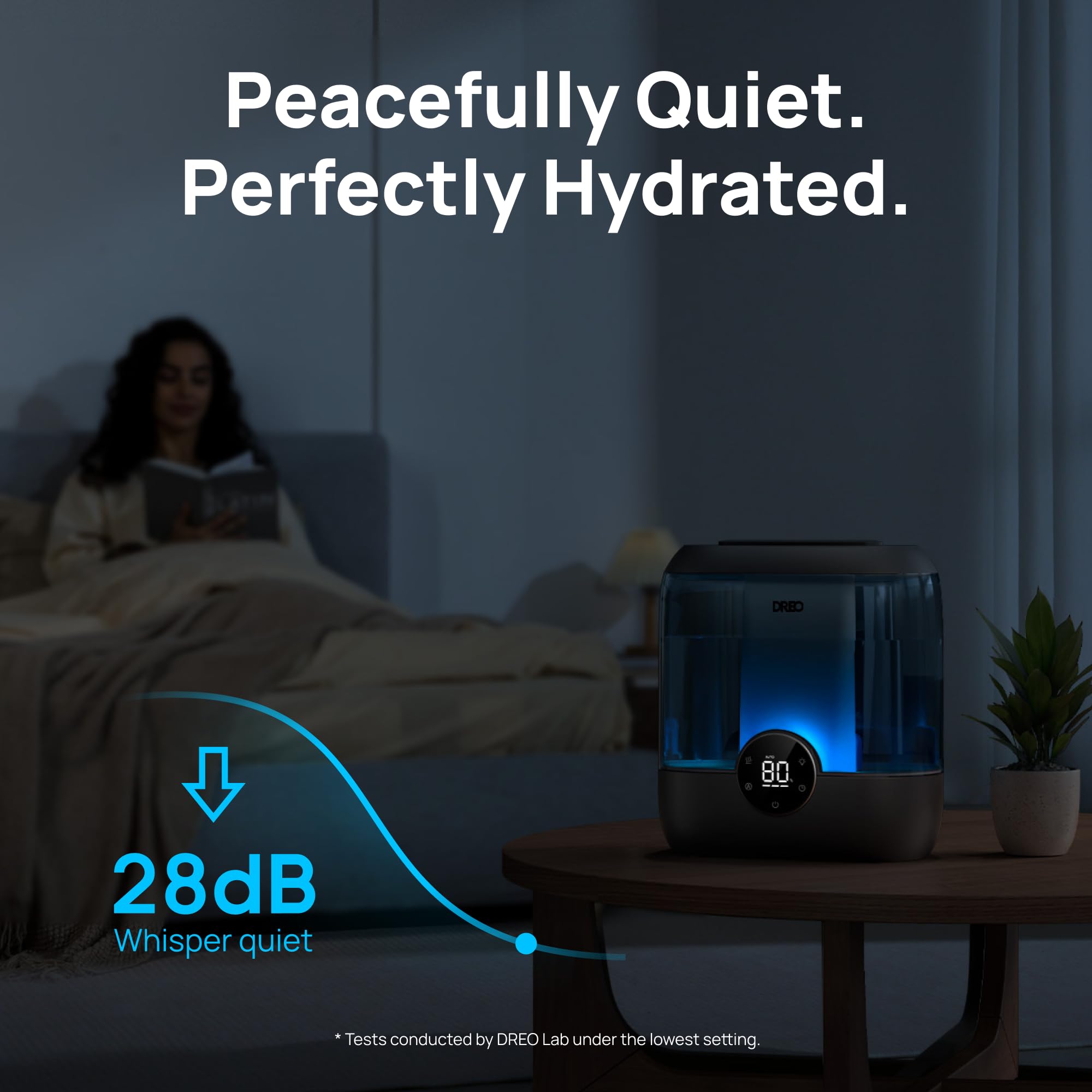 DREO 6L top-fill humidifier night light adds soft ambient glow for nighttime use.