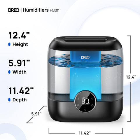 DREO 6L top-fill humidifier quiet operation suitable for bedrooms and nurseries.