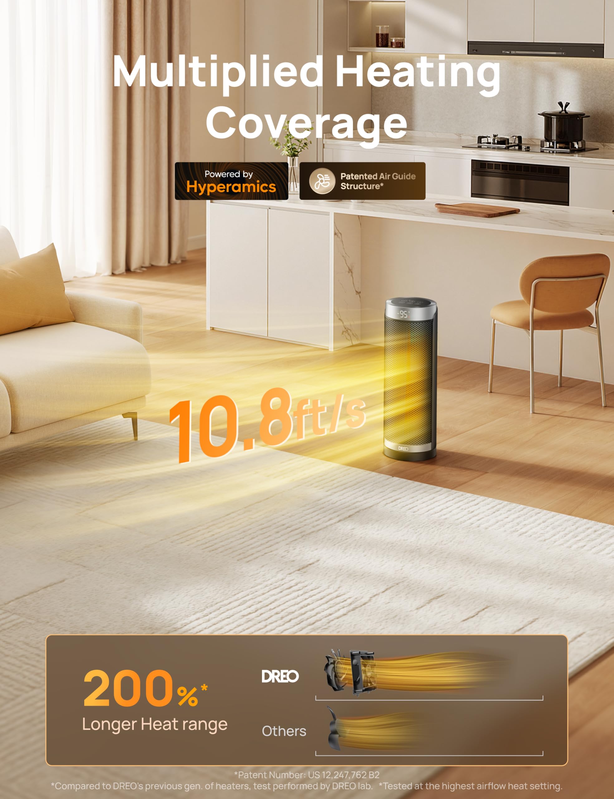 Dreo 70-degree oscillation sweeps warmth evenly around the room.