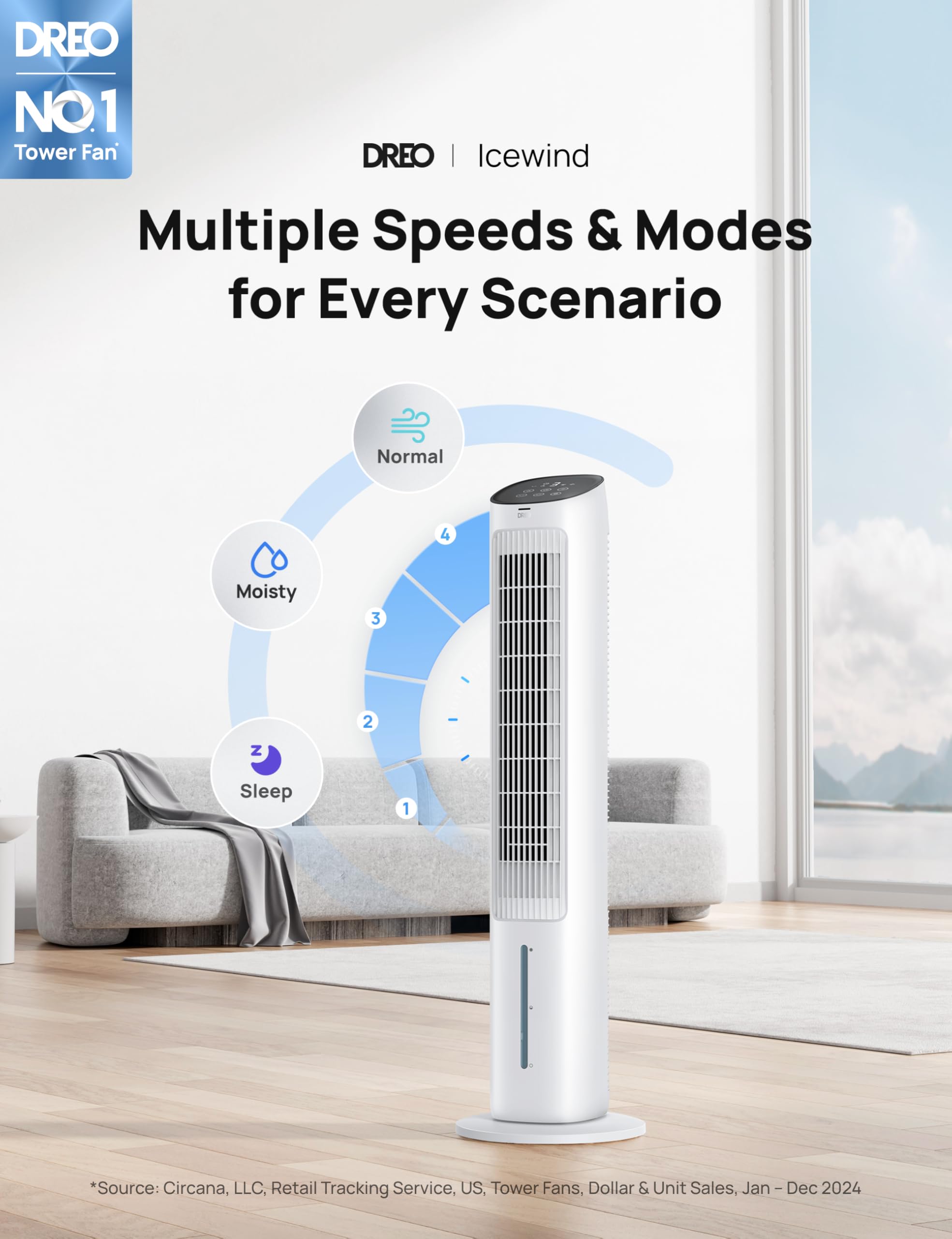 DREO bladeless cooling fan with 80° oscillation for even airflow