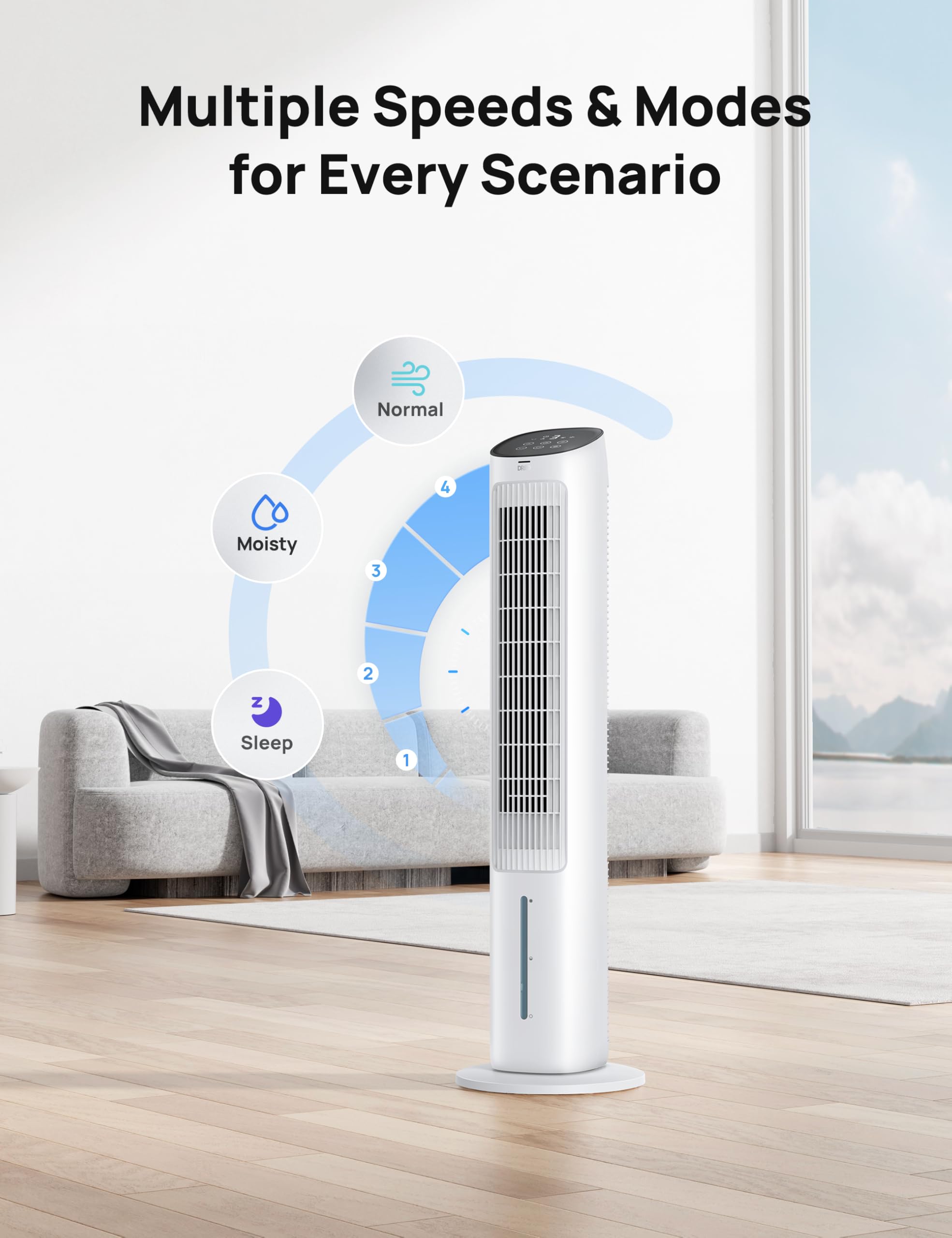 DREO 80-degree oscillation projects cooling air across the room.