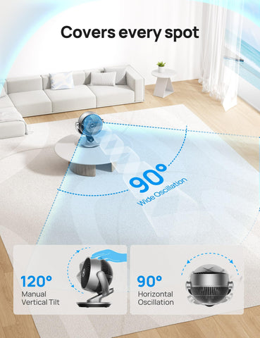 DREO air circulator demonstrates 120-degree vertical sweep across a room
