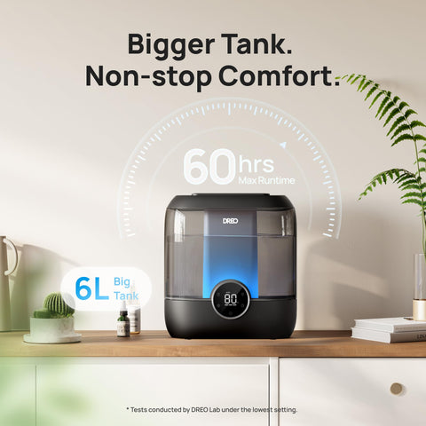 DREO app-controlled humidifier enables remote humidity management and lighting control.