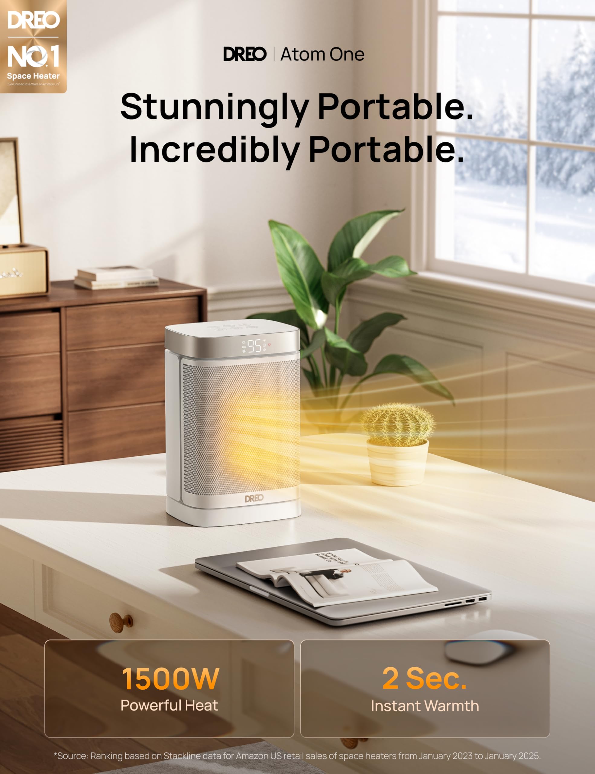 DREO Atom One digital thermostat display shows precise heat settings