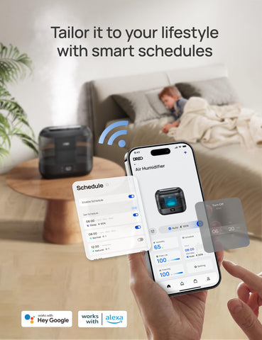 DREO bedroom humidifier controlled by voice and app for convenient climate control.