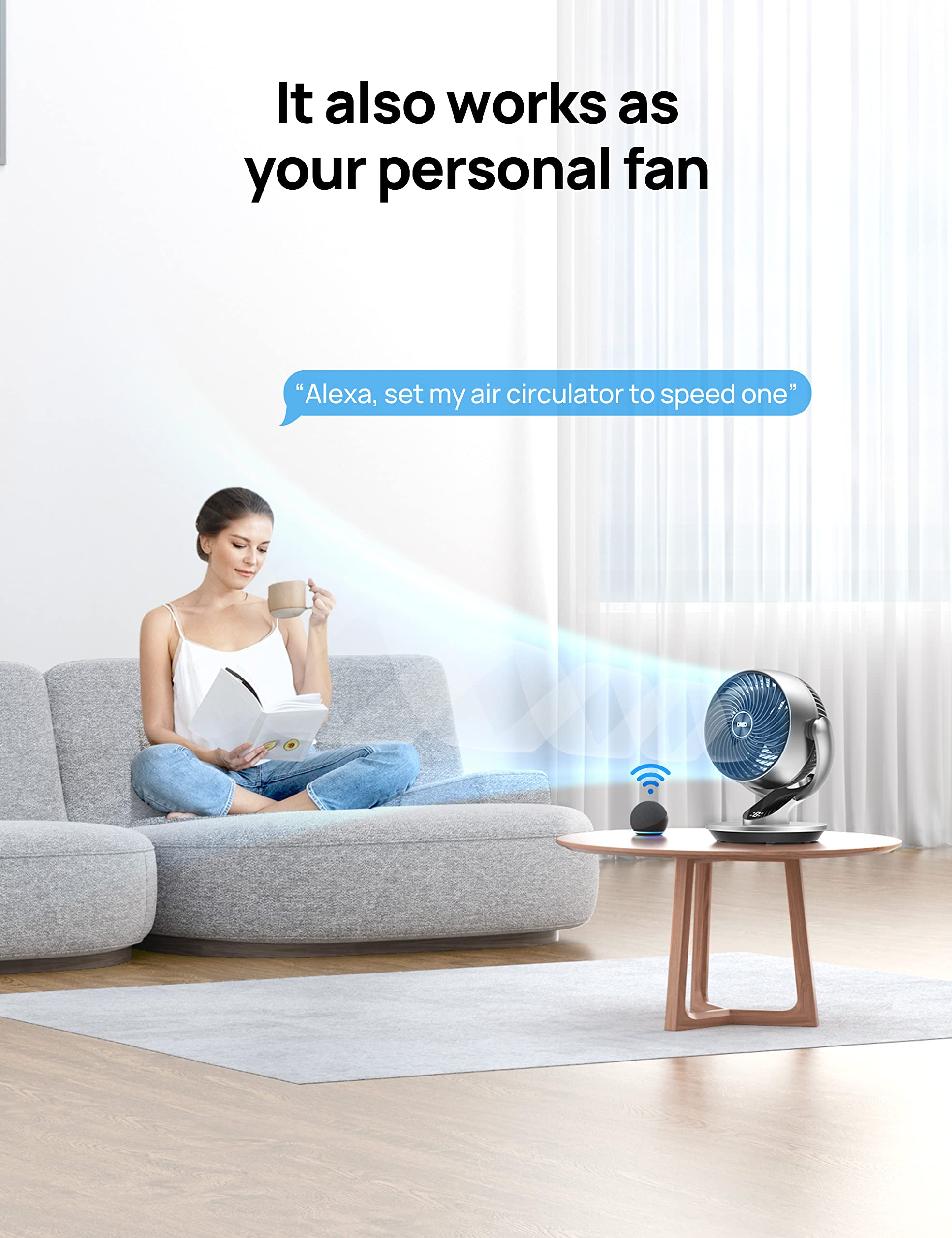 DREO bedroom scene showing timer and voice control setup