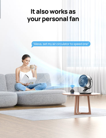 DREO bedroom scene showing timer and voice control setup