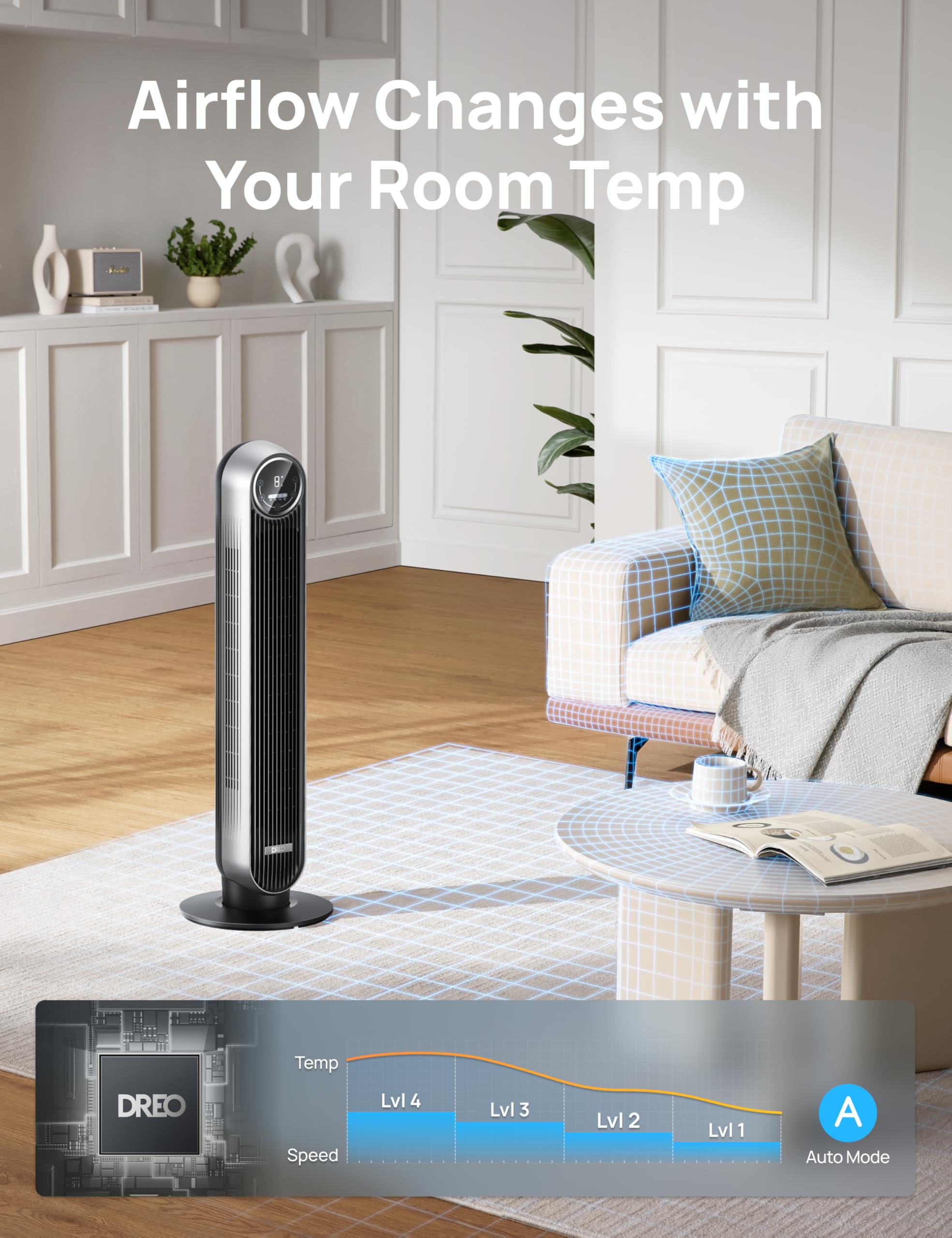 DREO bladeless tower fan compact design fits tight spaces
