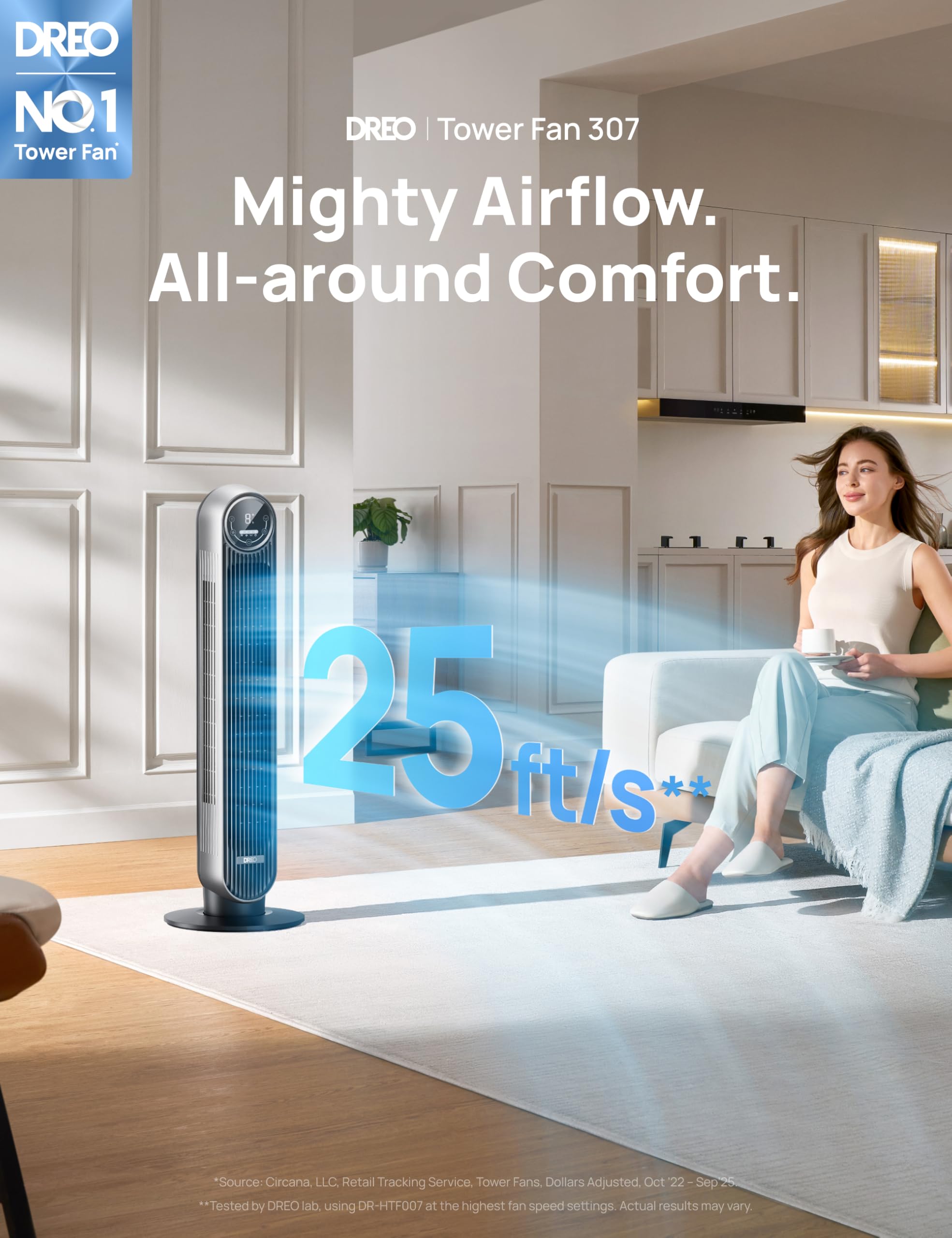 DREO bladeless tower fan demonstrates 90-degree oscillation across the room