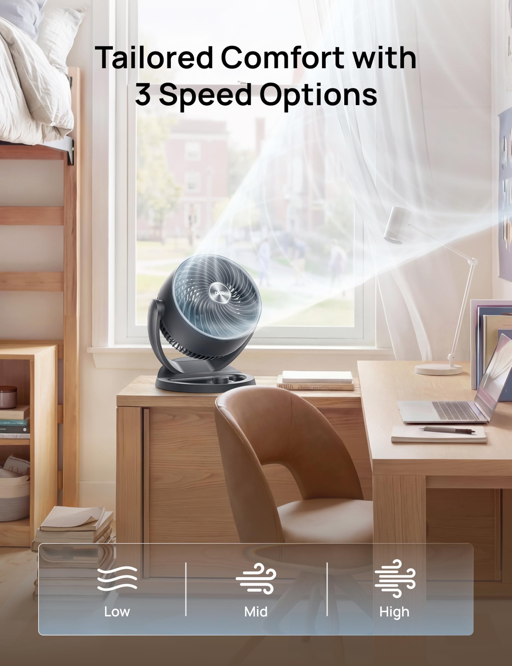 Dreo desk fan three speeds knob control for easy adjustments