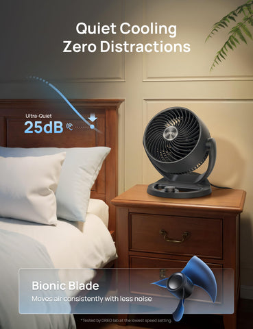 Dreo desk fan compact design fits on bedside or desk