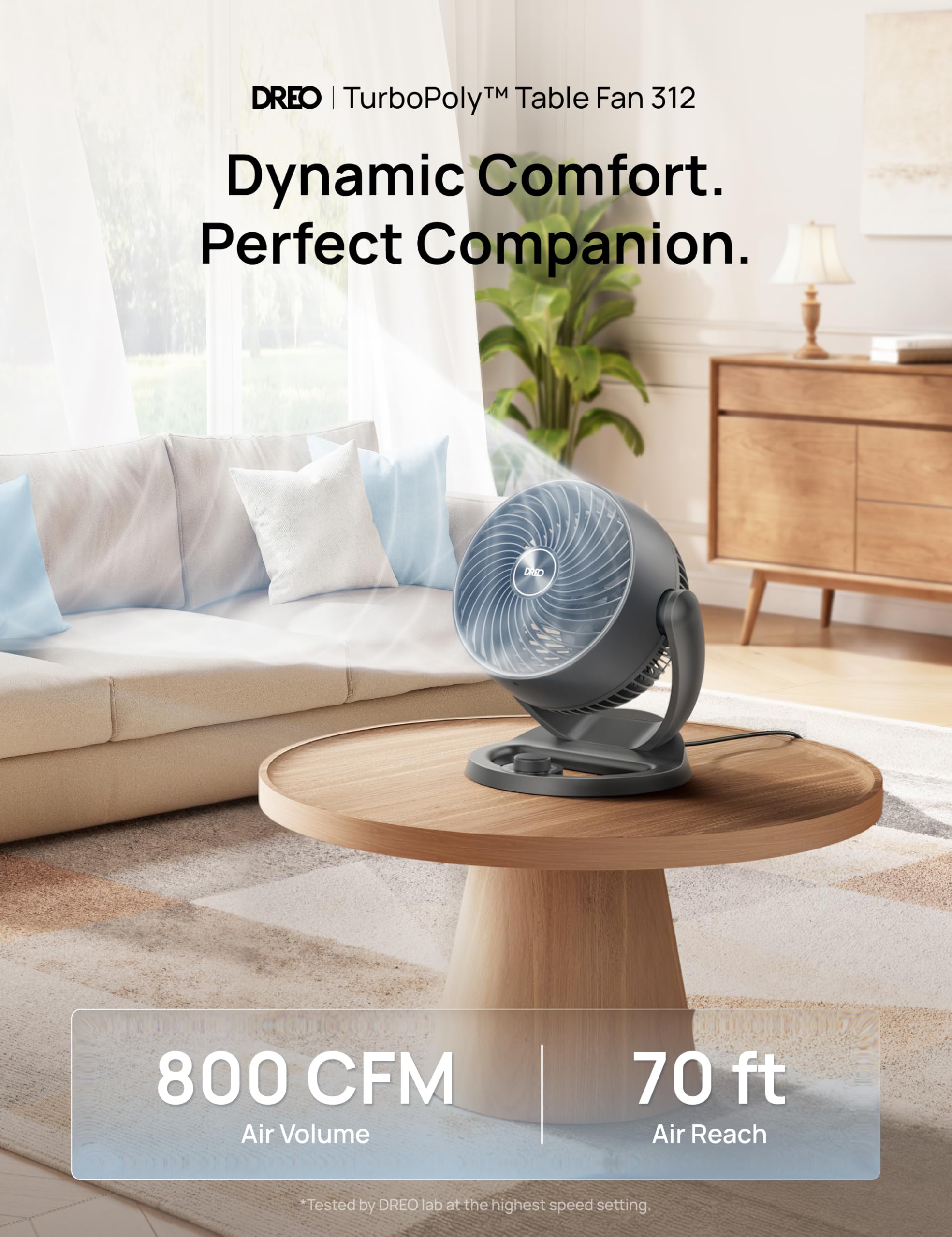 Dreo desk fan WingBoost airflow reaches up to 70 ft across your room