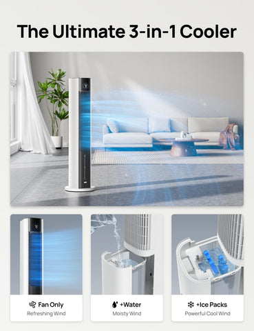 DREO evaporative system 35-blade turbine image suggests strong, refreshing breeze