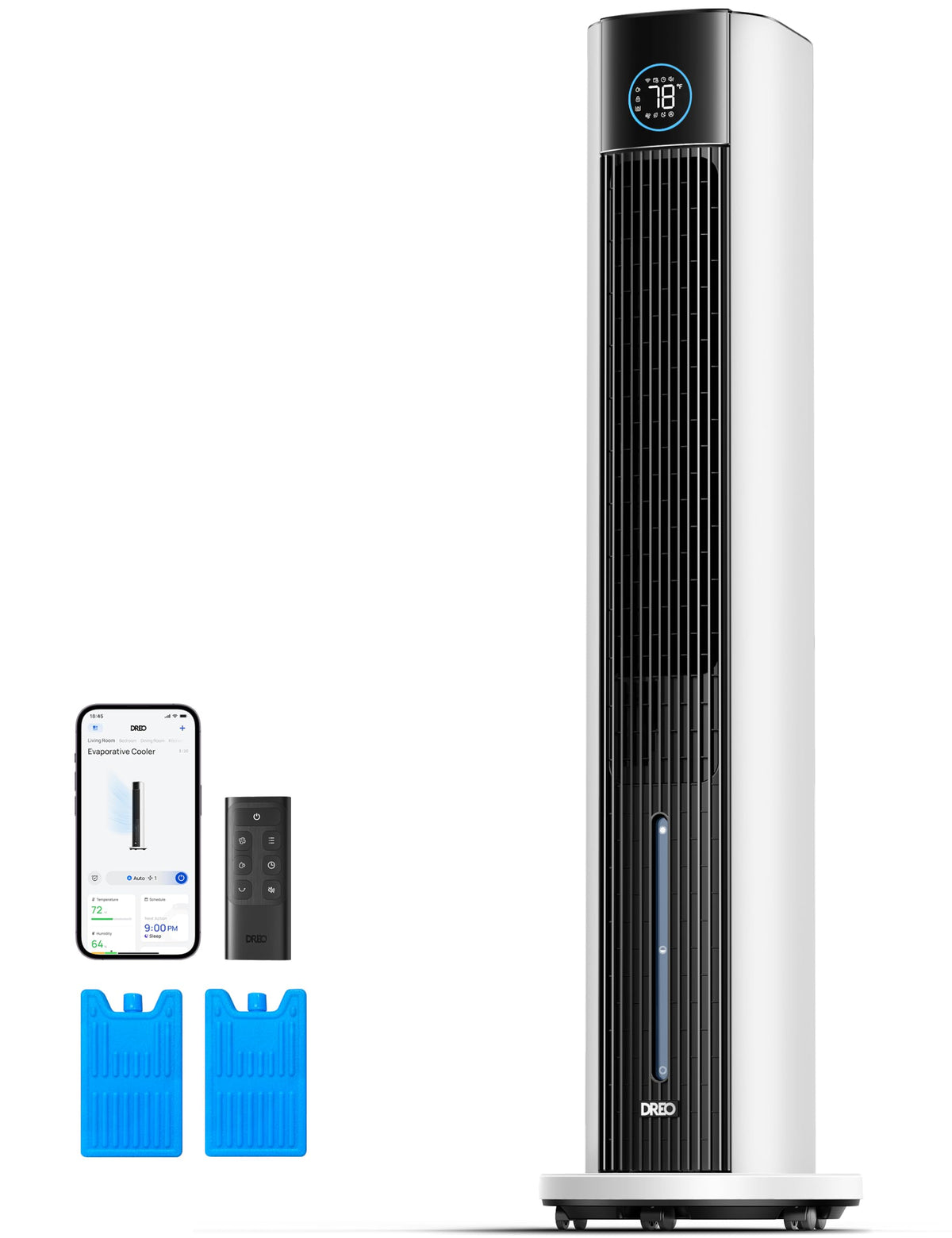 DREO evaporative air swamp cooler front view shows a tall 43-inch design for wide cooling