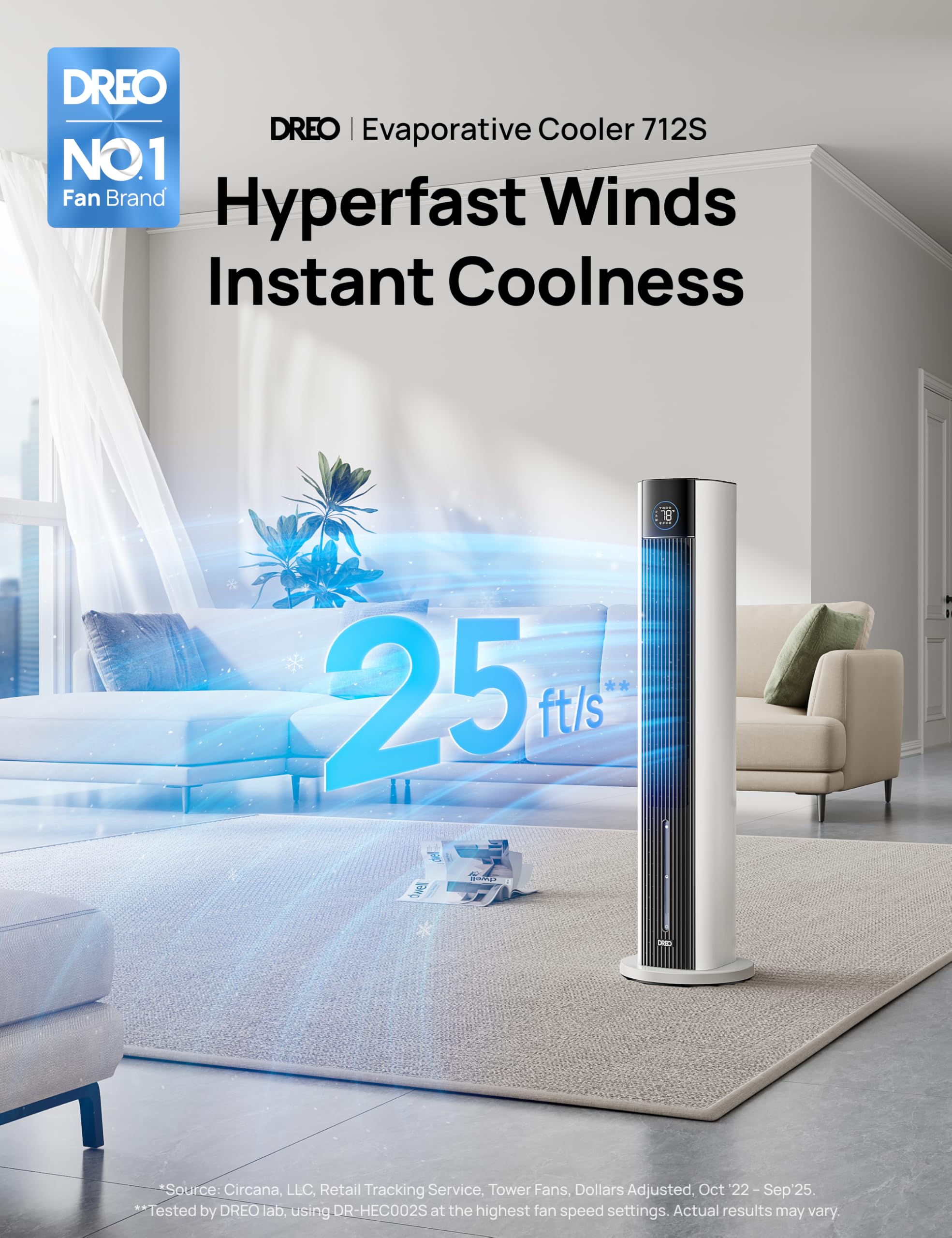 DREO evaporative cooler side profile highlights sleek layout and compact footprint for easy placement
