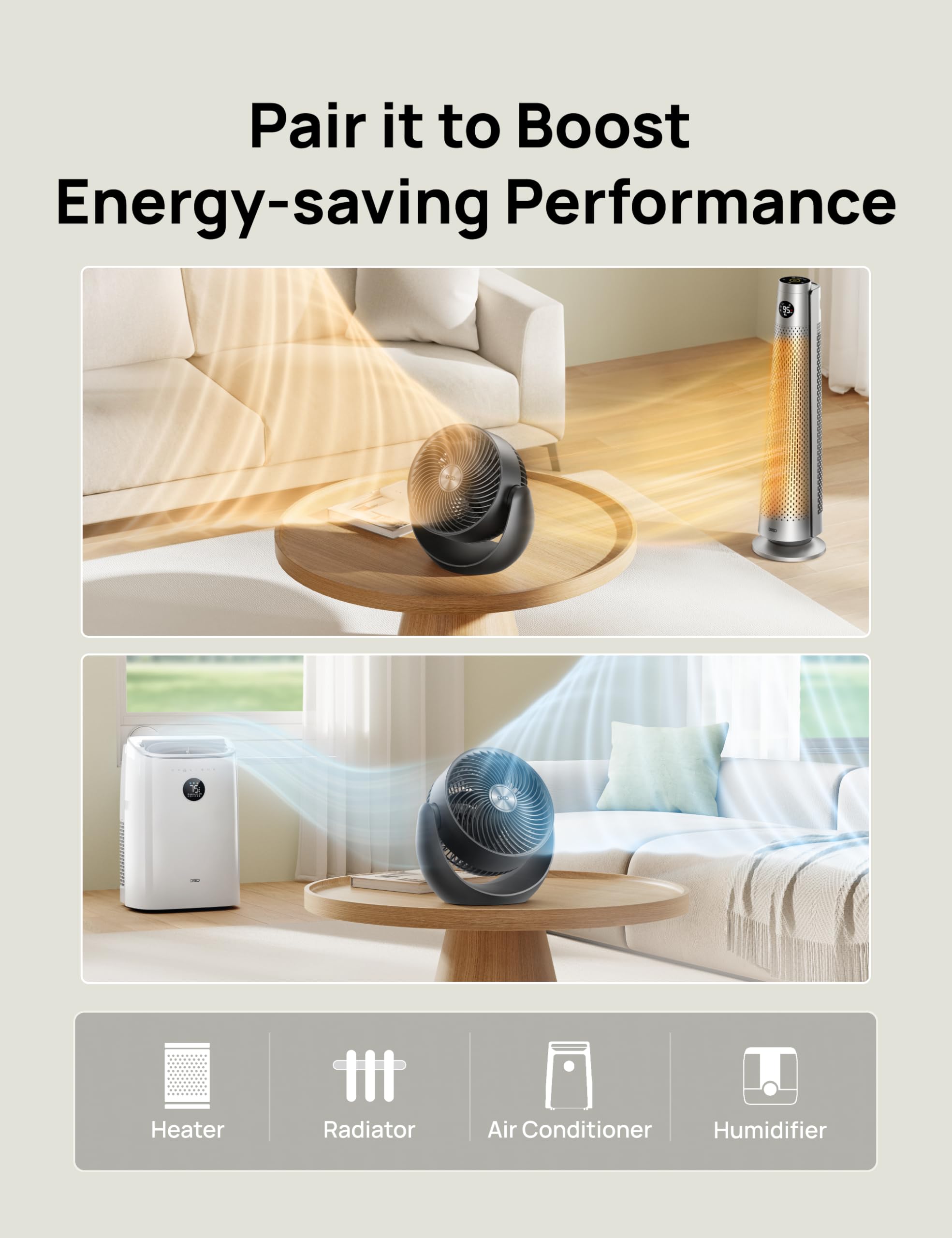 DREO 11-inch compact desk fan fits desks and shelves.