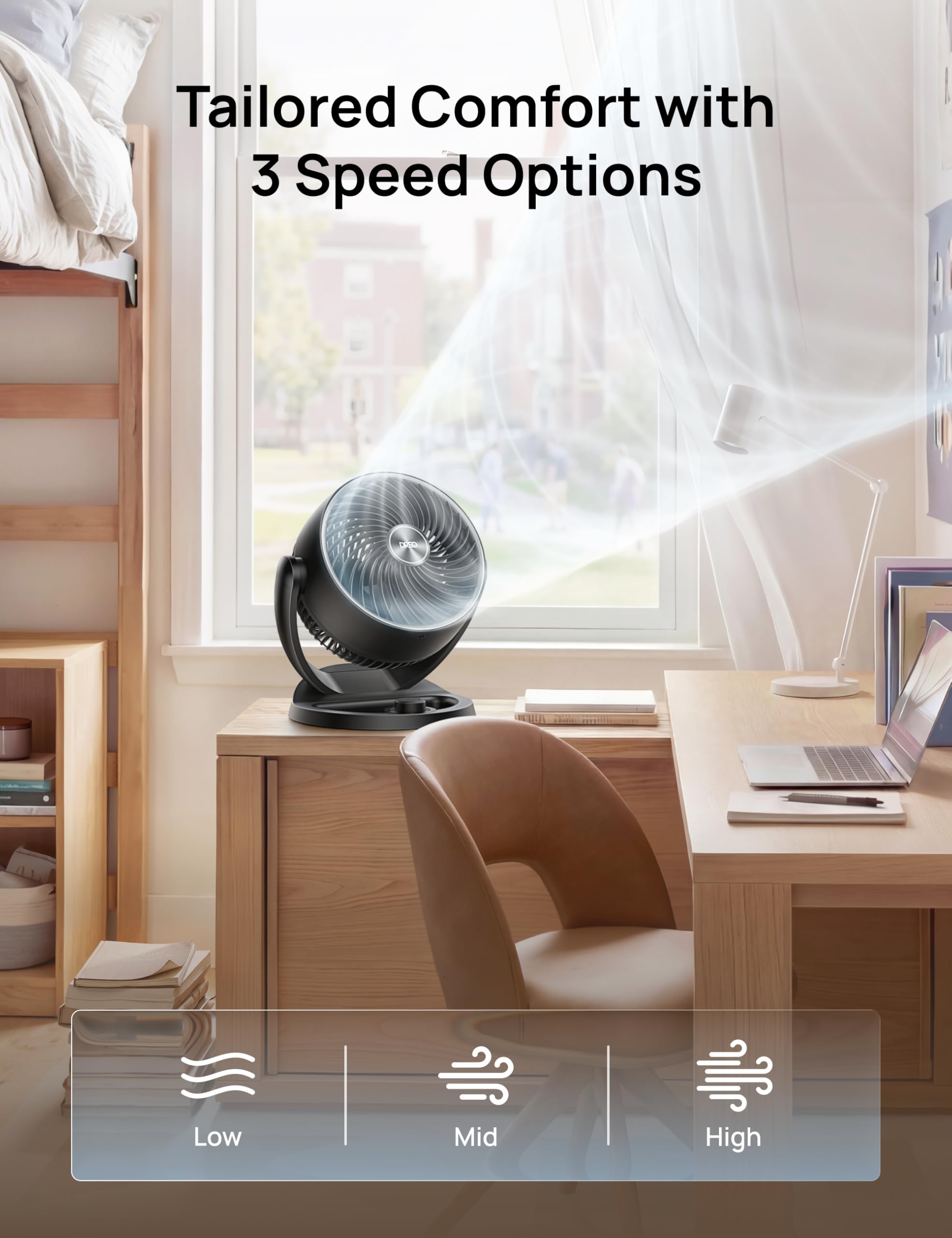 DREO fan 70ft airflow demonstrates wide coverage for a full living space.