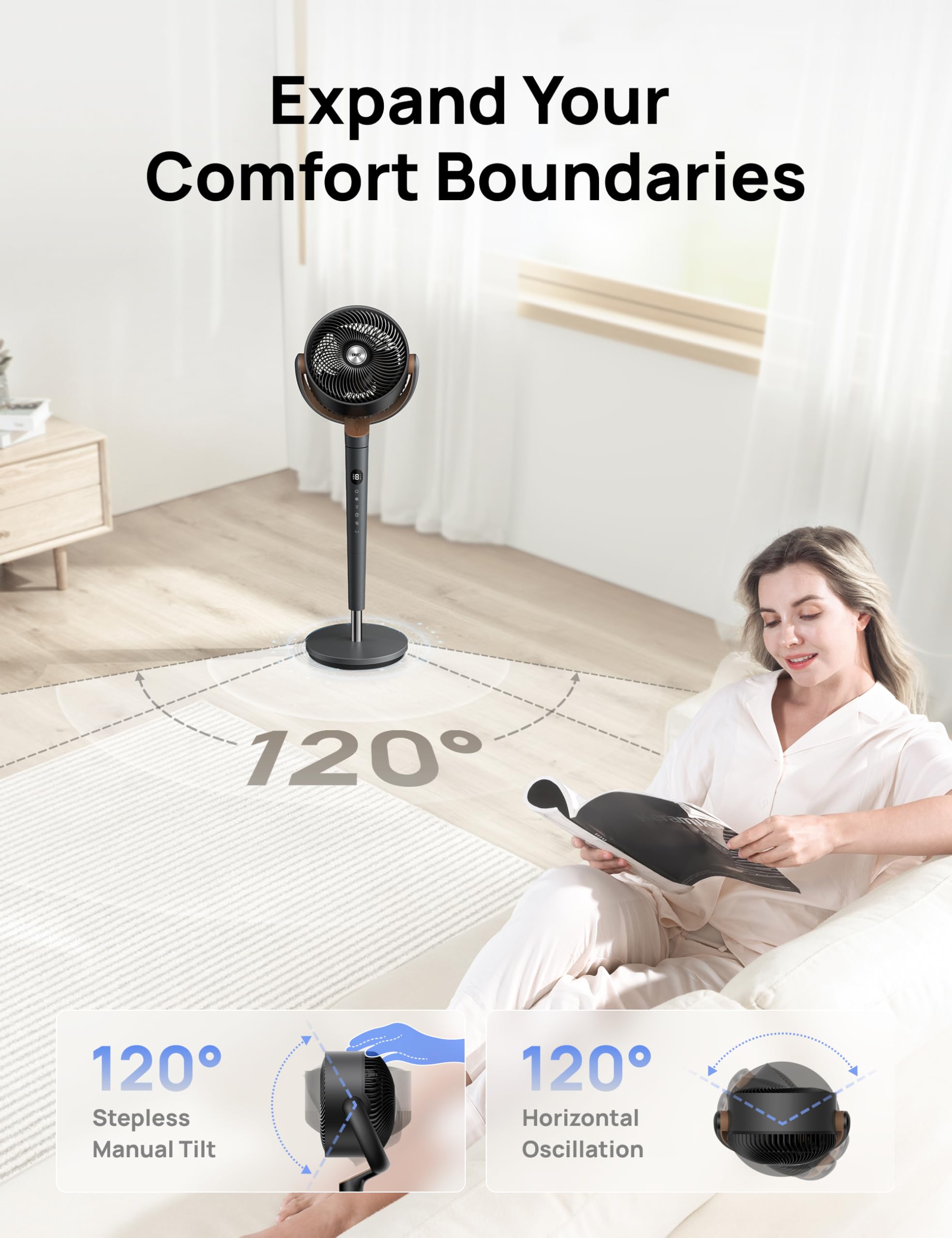 DREO fan bedroom 120-degree oscillation for full-room air circulation.