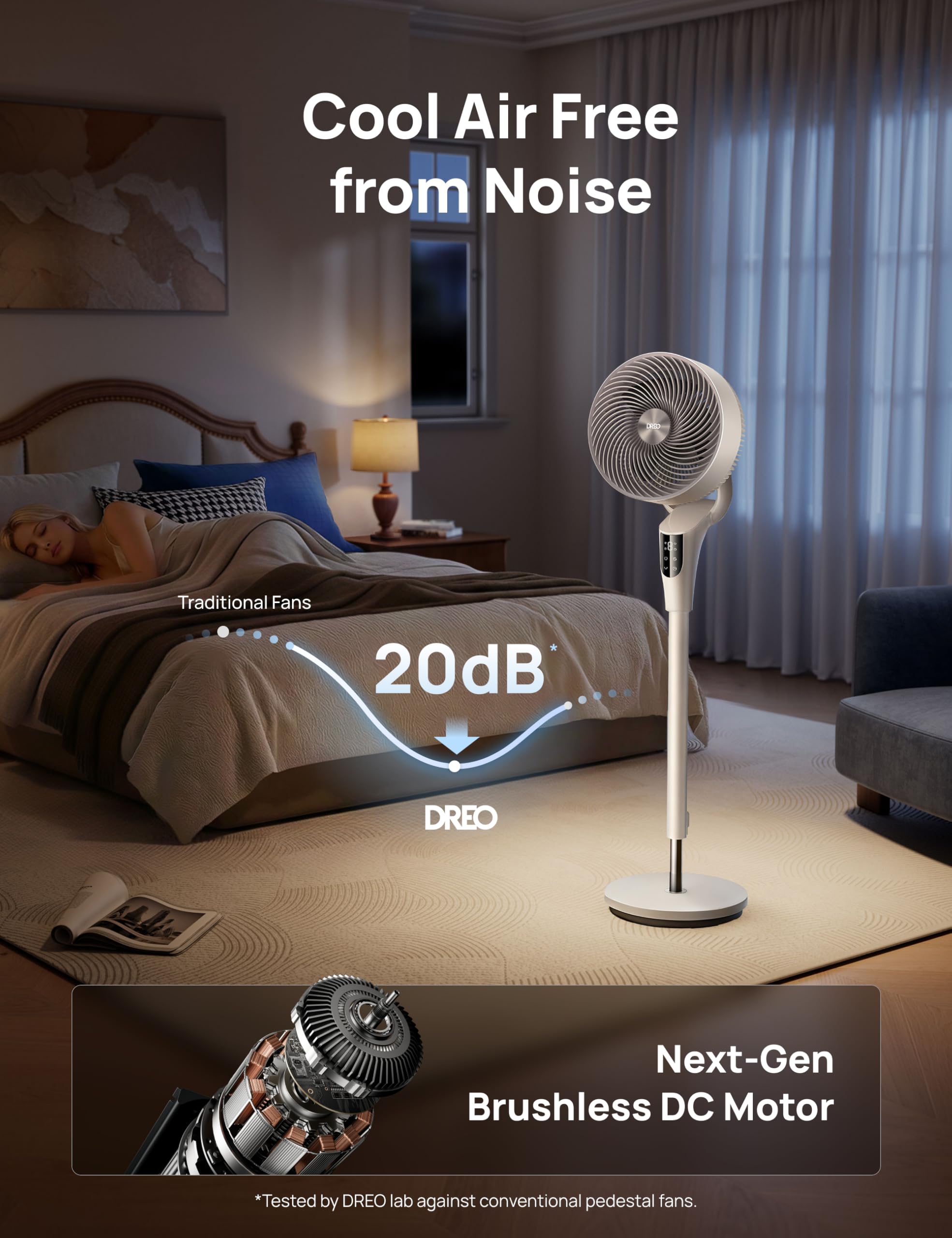 DREO fan bedroom-oscillation view demonstrates 90-degree sweep for whole-room cooling.