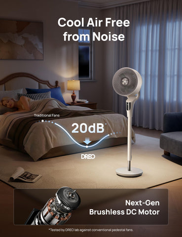 DREO fan bedroom-oscillation view demonstrates 90-degree sweep for whole-room cooling.