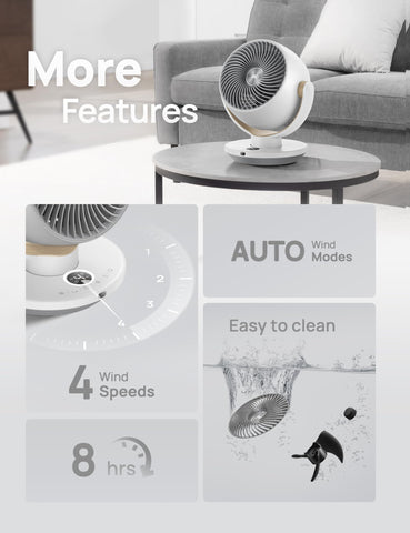 DREO compact desk fan with tilt and timer fits small workspaces.