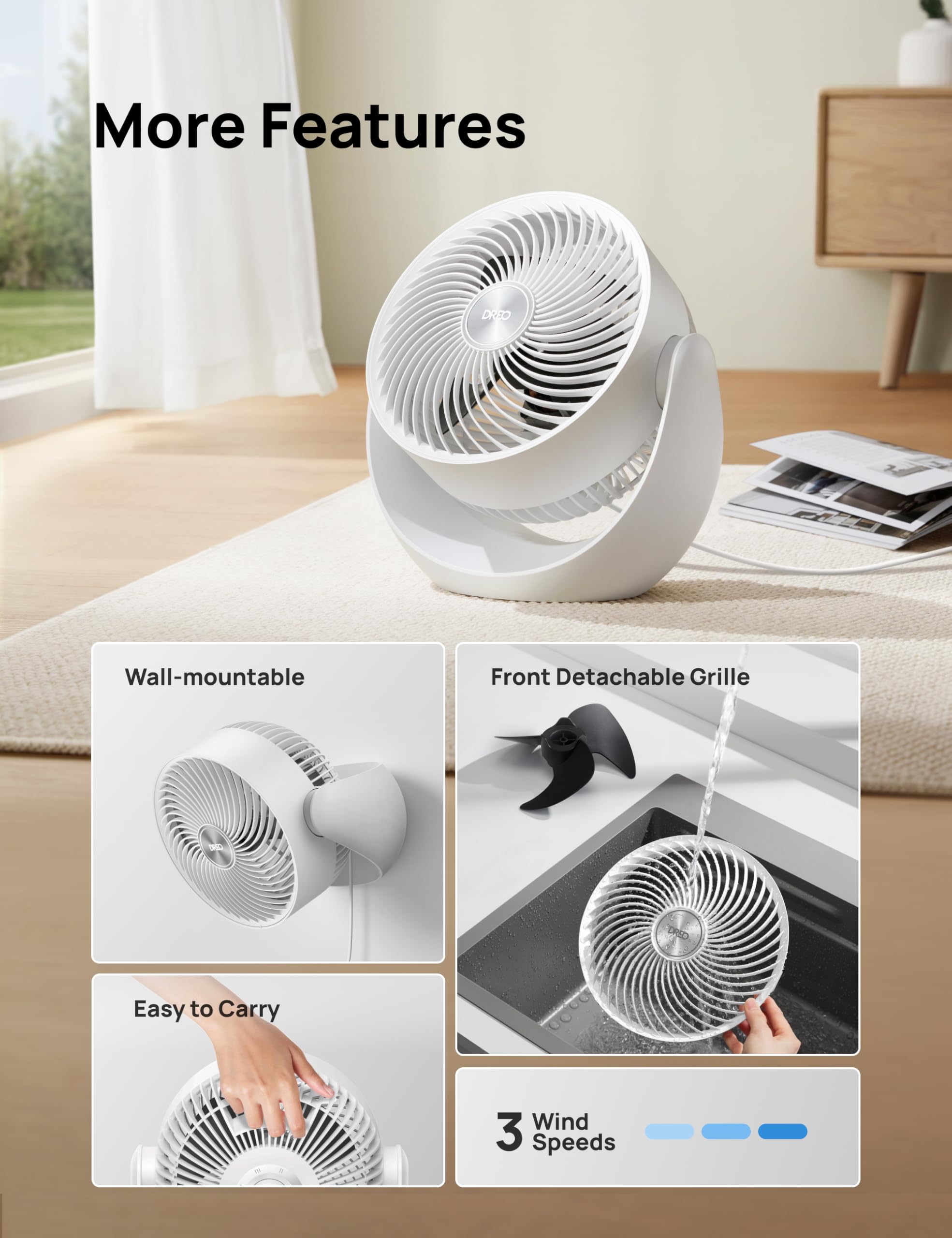 DREO Fan compact design fits office, kitchen, or bedroom