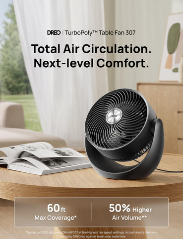 DREO desktop fan with TurboSilent design delivering quiet operation for focus.