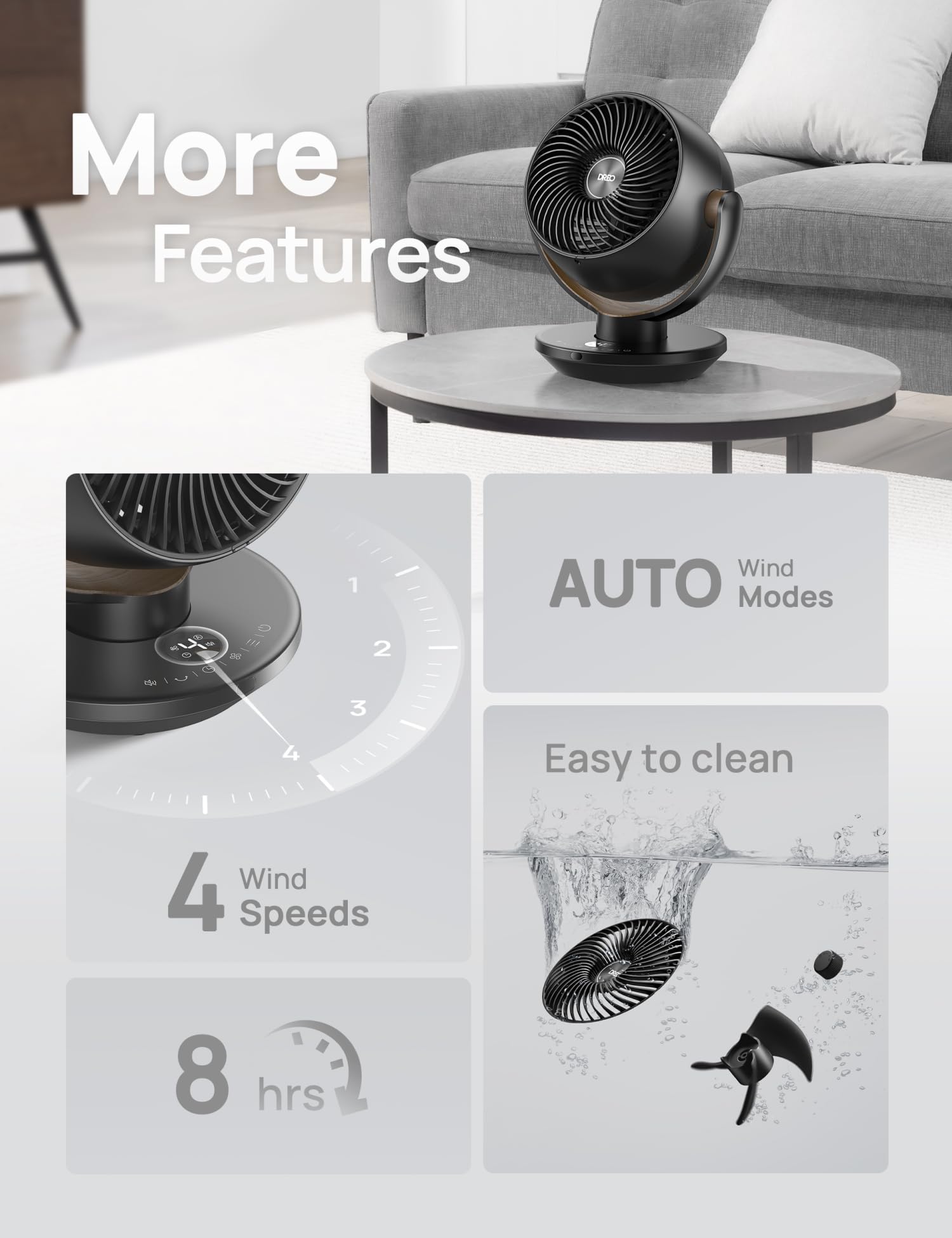 DREO detachable front grille simplifies cleaning