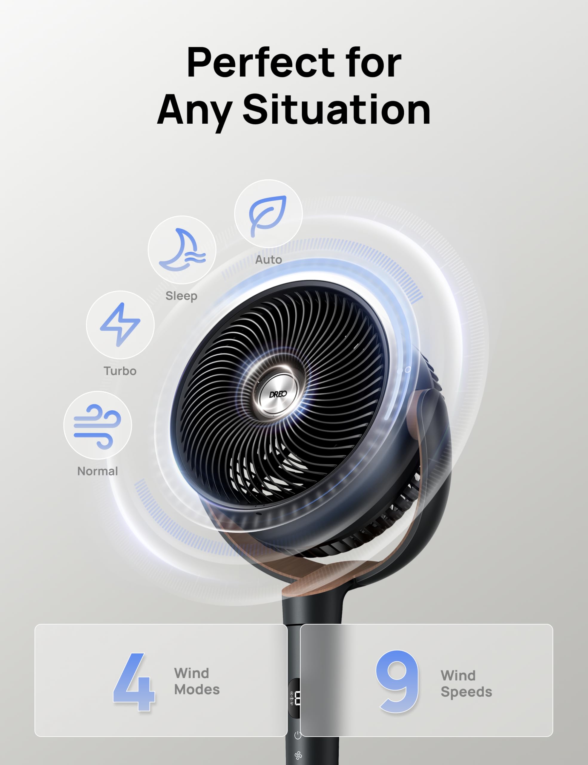 DREO fan height adjusted between 37 and 42 inches for seating alignment