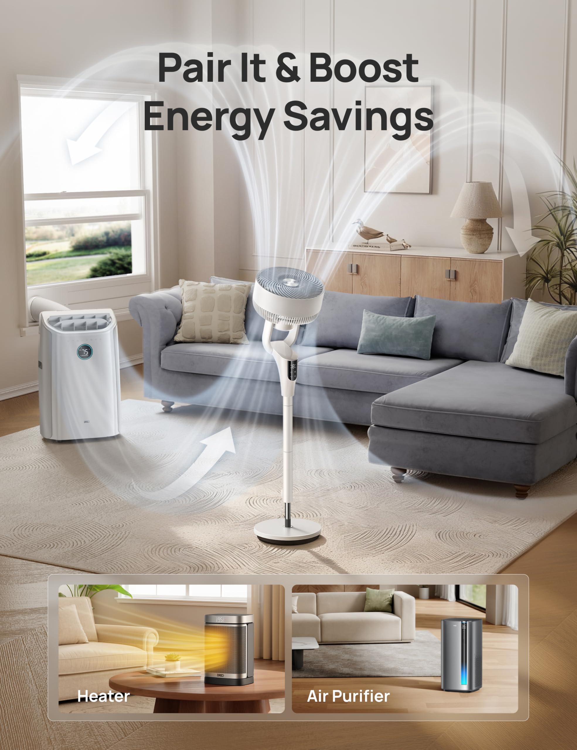 DREO fan height-adjustment view highlights 38-42 inch flexibility.