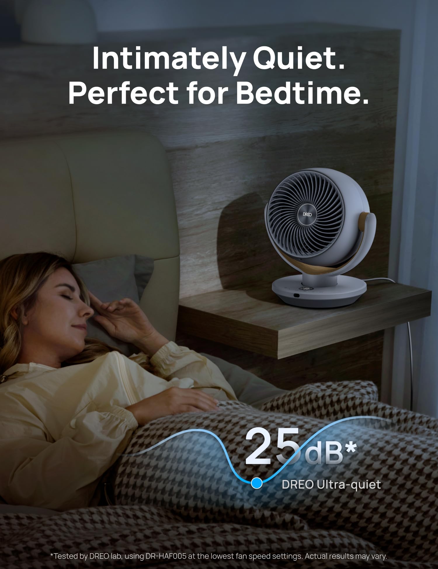 DREO fan demonstrates 90° oscillation and broad air distribution.