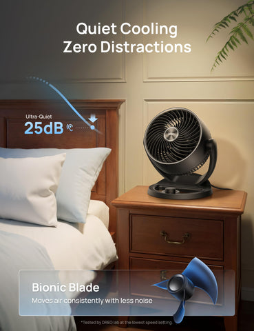 DREO fan quiet operation at 25dB keeps nights peaceful and undisturbed.