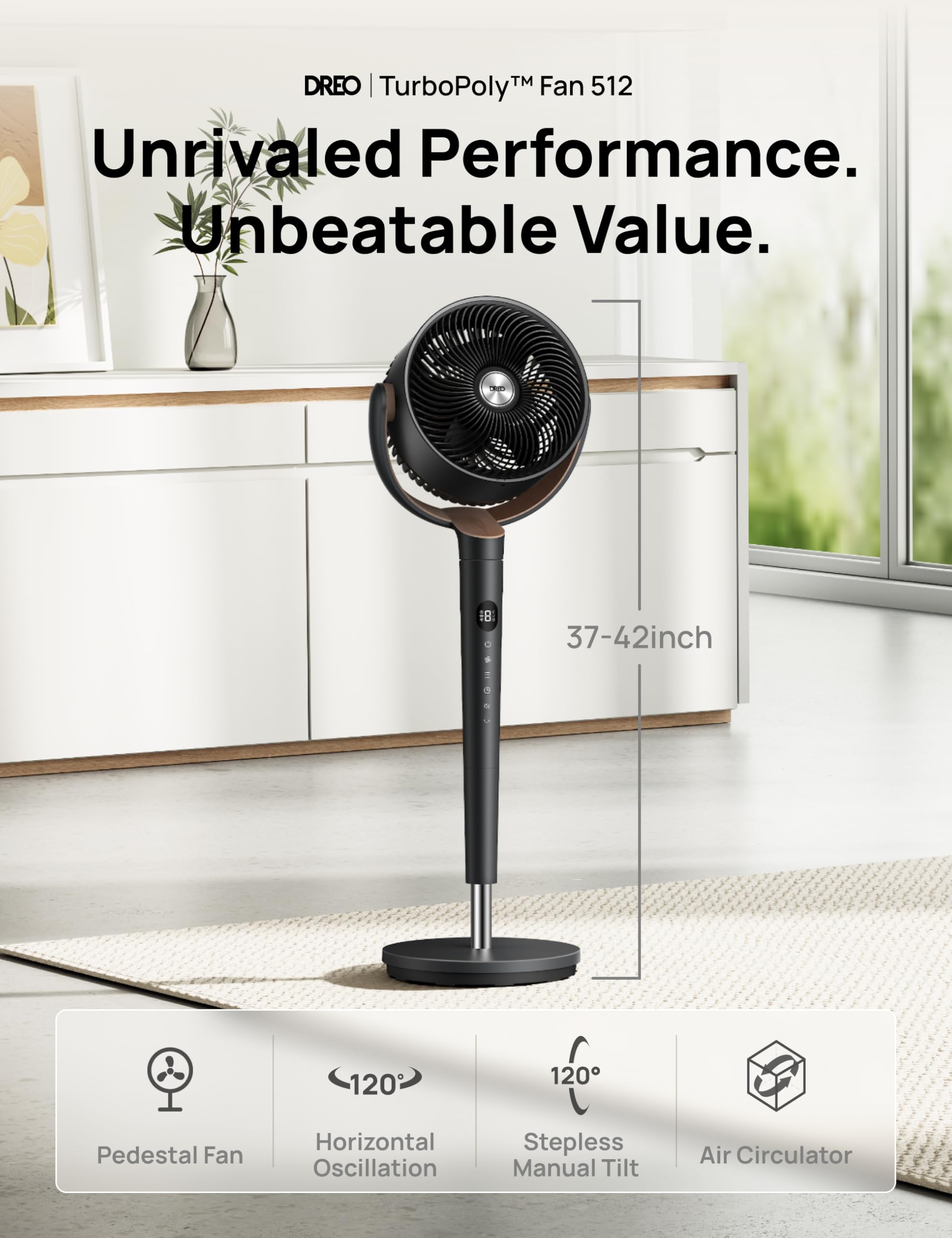 DREO fan with quiet DC motor delivering strong airflow with low noise