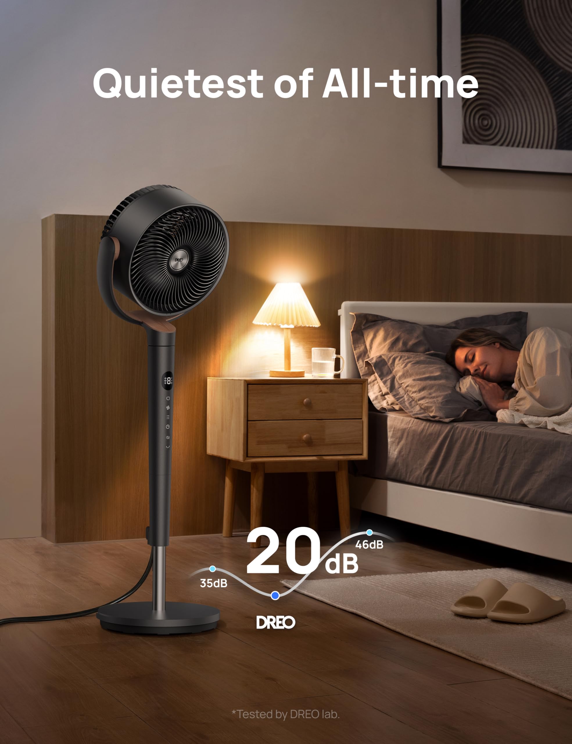 DREO quiet DC motor delivers powerful cooling with low noise.