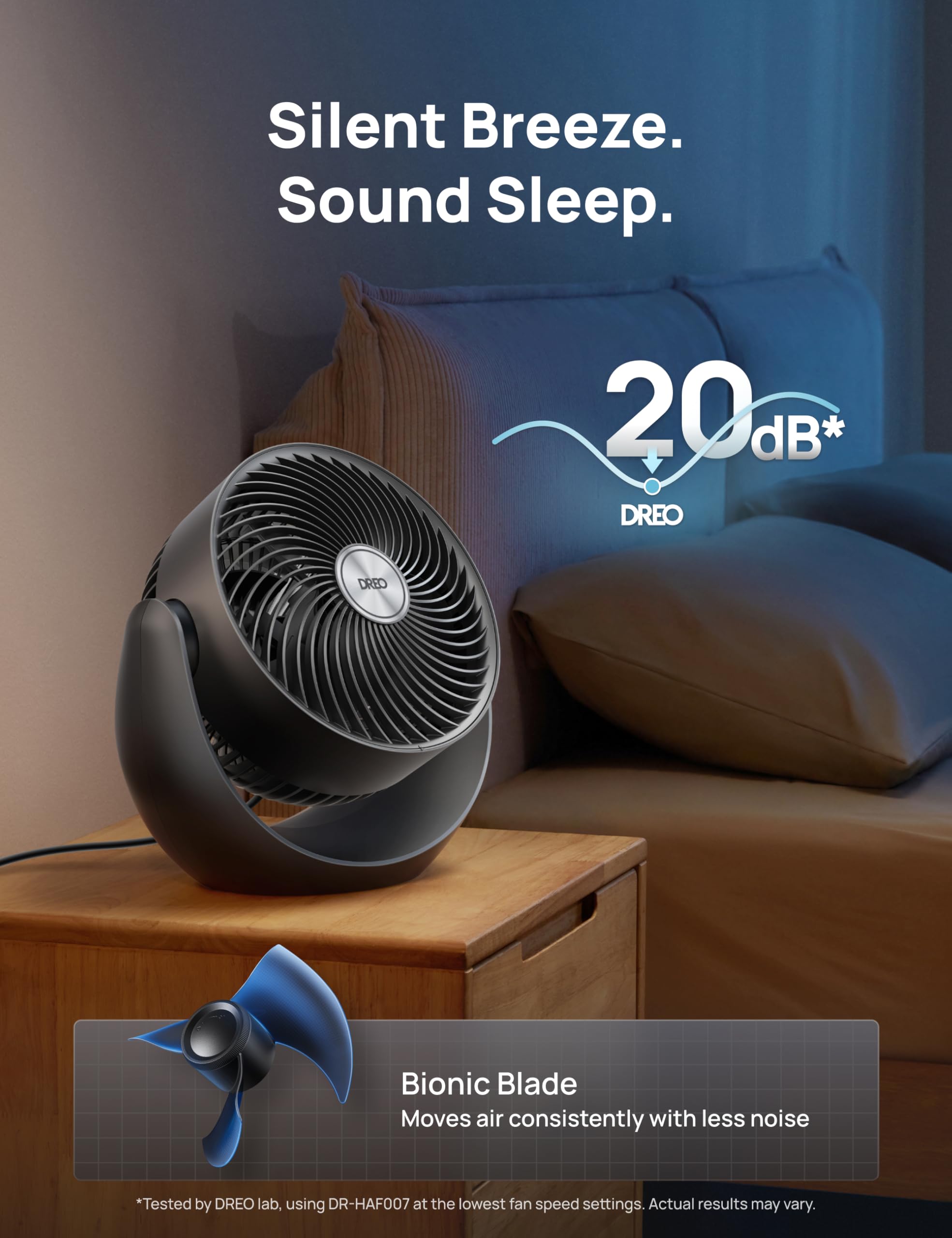DREO fan operates quietly at 20 dB for peaceful rooms.