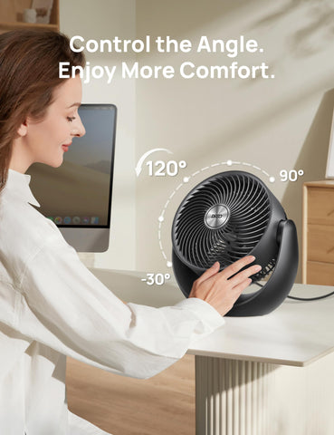 DREO fan with three-speed control to adjust breeze intensity.