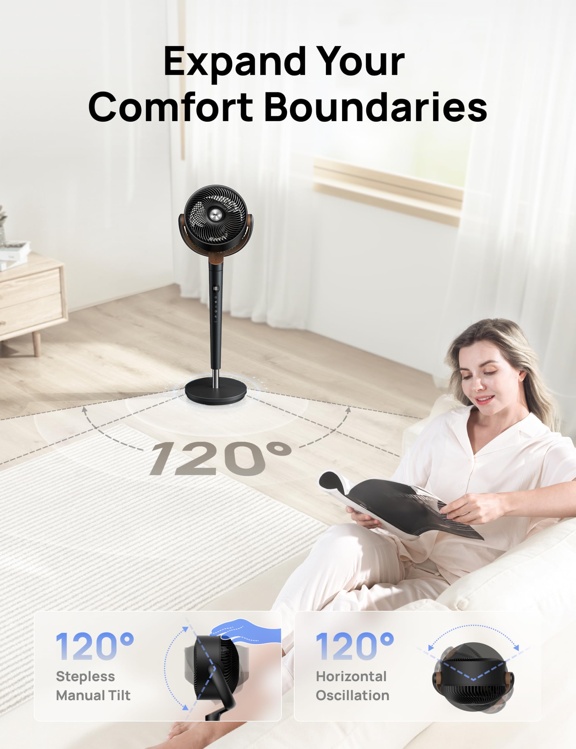 DREO fan vertical tilt at 120 degrees for targeted airflow
