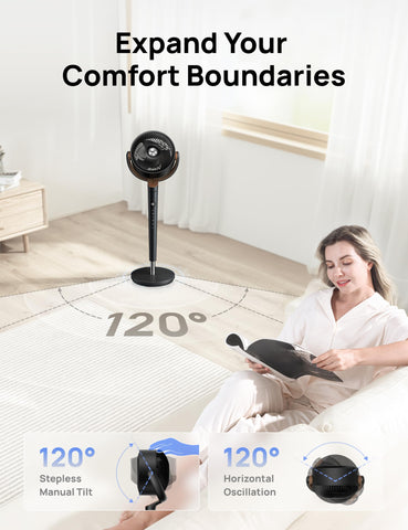 DREO fan vertical tilt at 120 degrees for targeted airflow