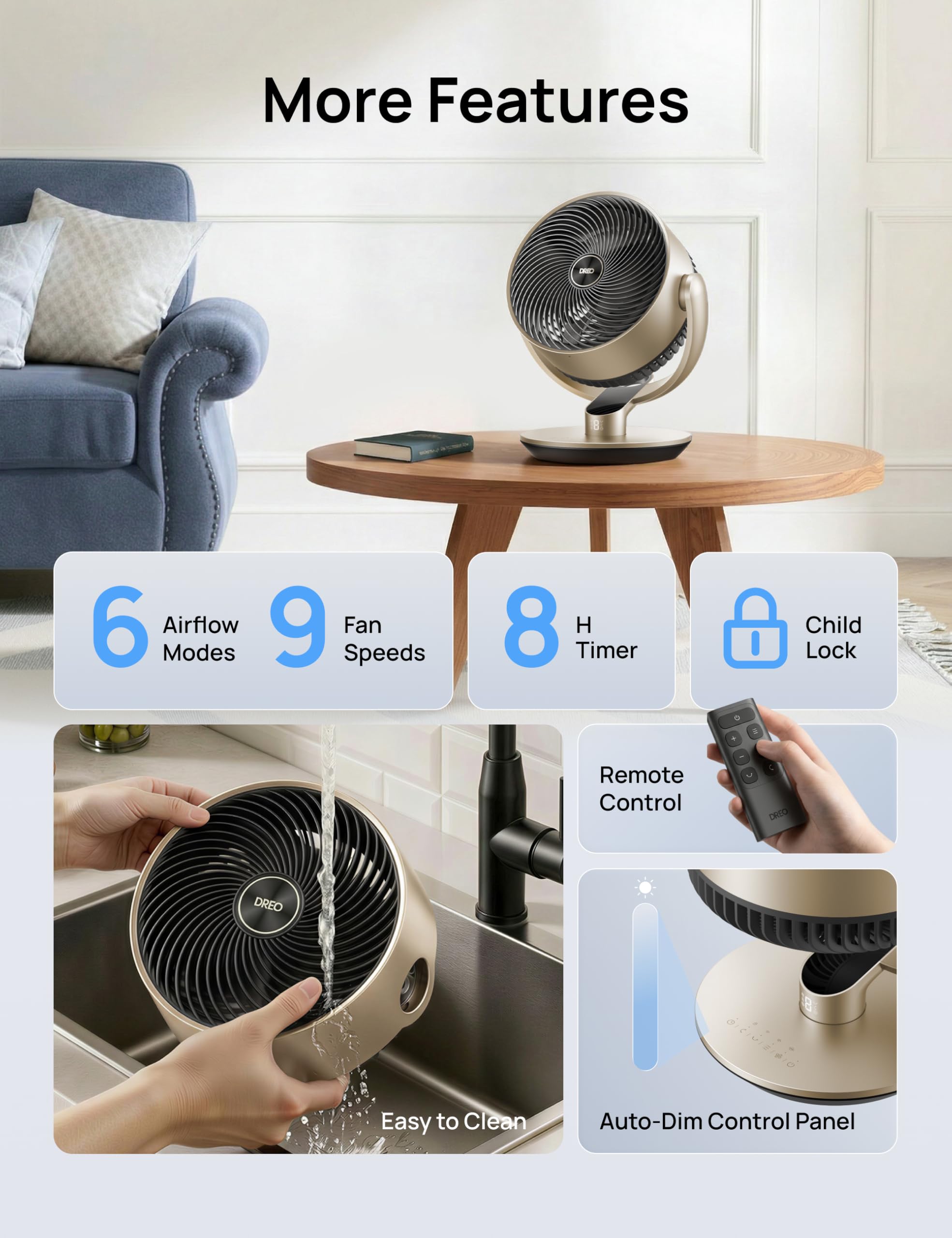 DREO gold finish desk fan adds stylish detail to a bedroom setup.