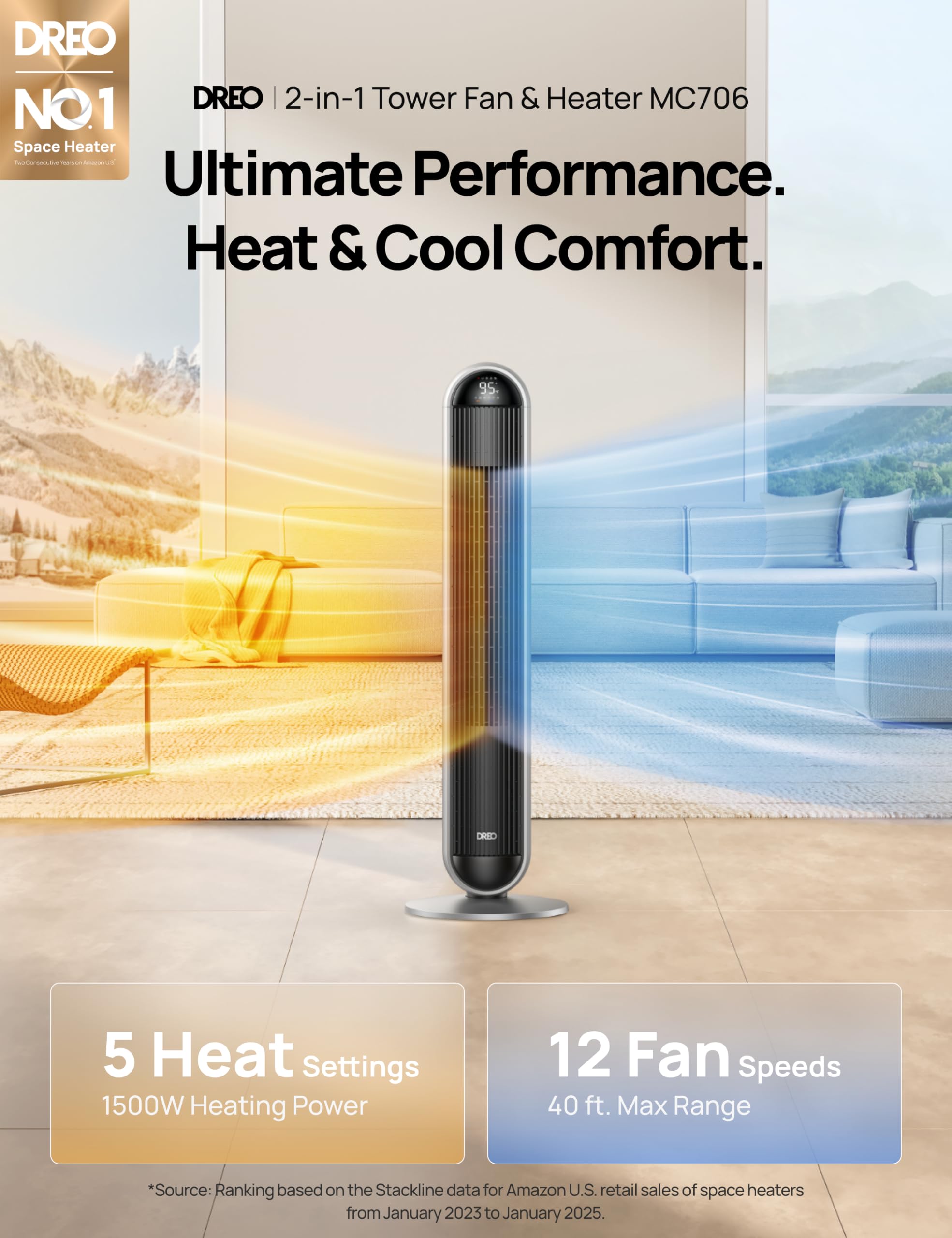 DREO heater with fast PTC warmth for quick comfort in chilly spaces.