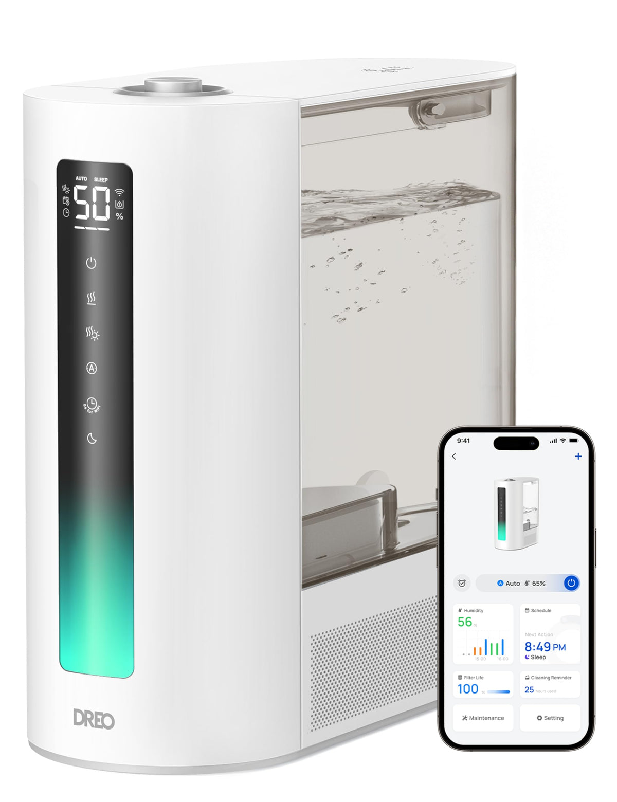 DREO HM713S humidifier front view showing a large 6L tank for long-lasting moisture