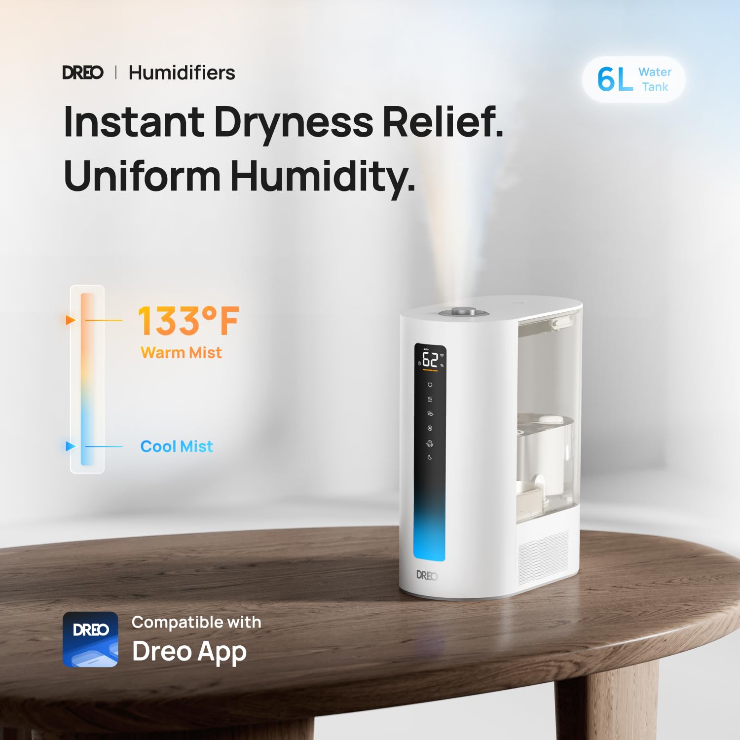 DREO HM713S humidifier tank focus highlighting easy refills and steady humidity