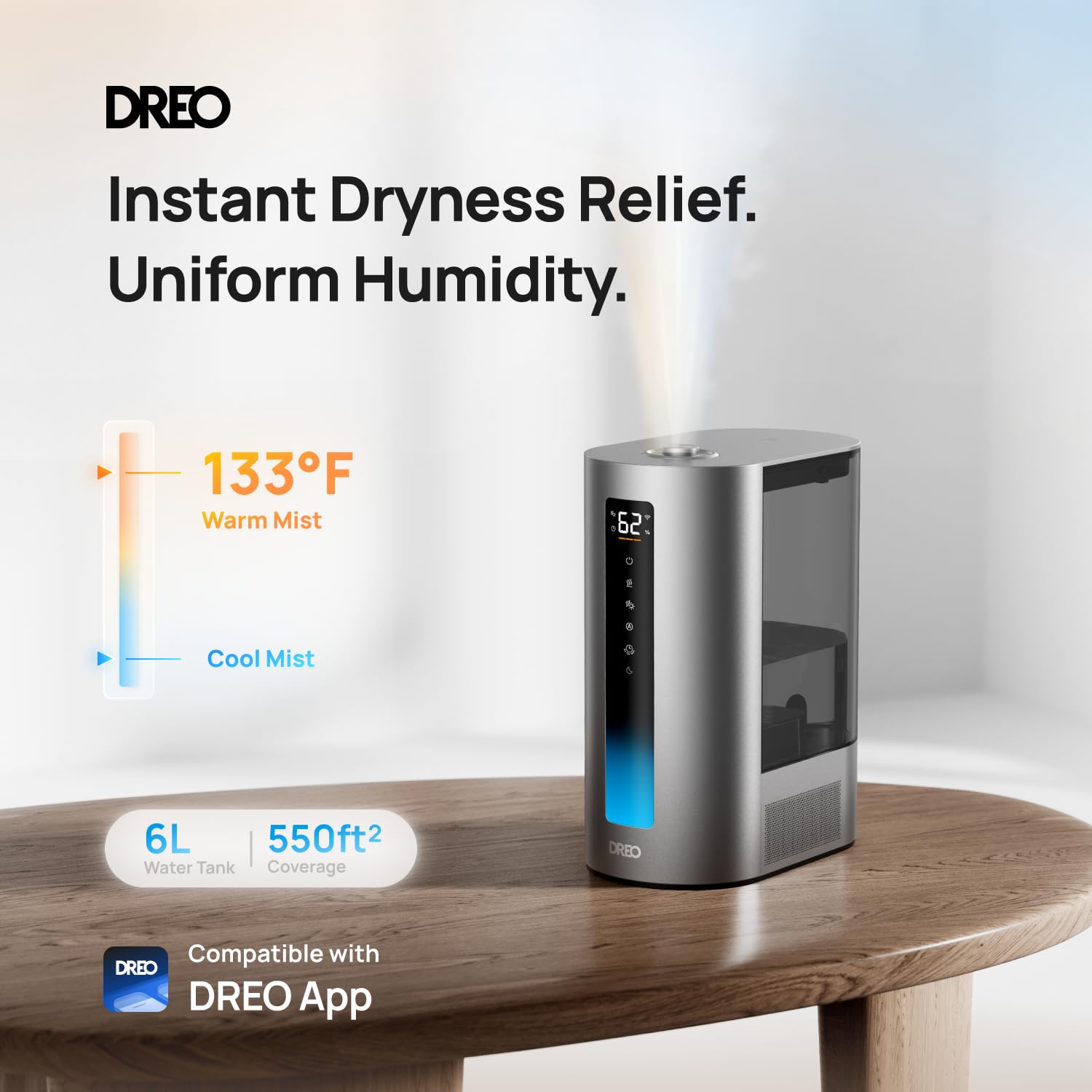 DREO HM713S warm-mist mode delivering comfortable warmth for chilly evenings