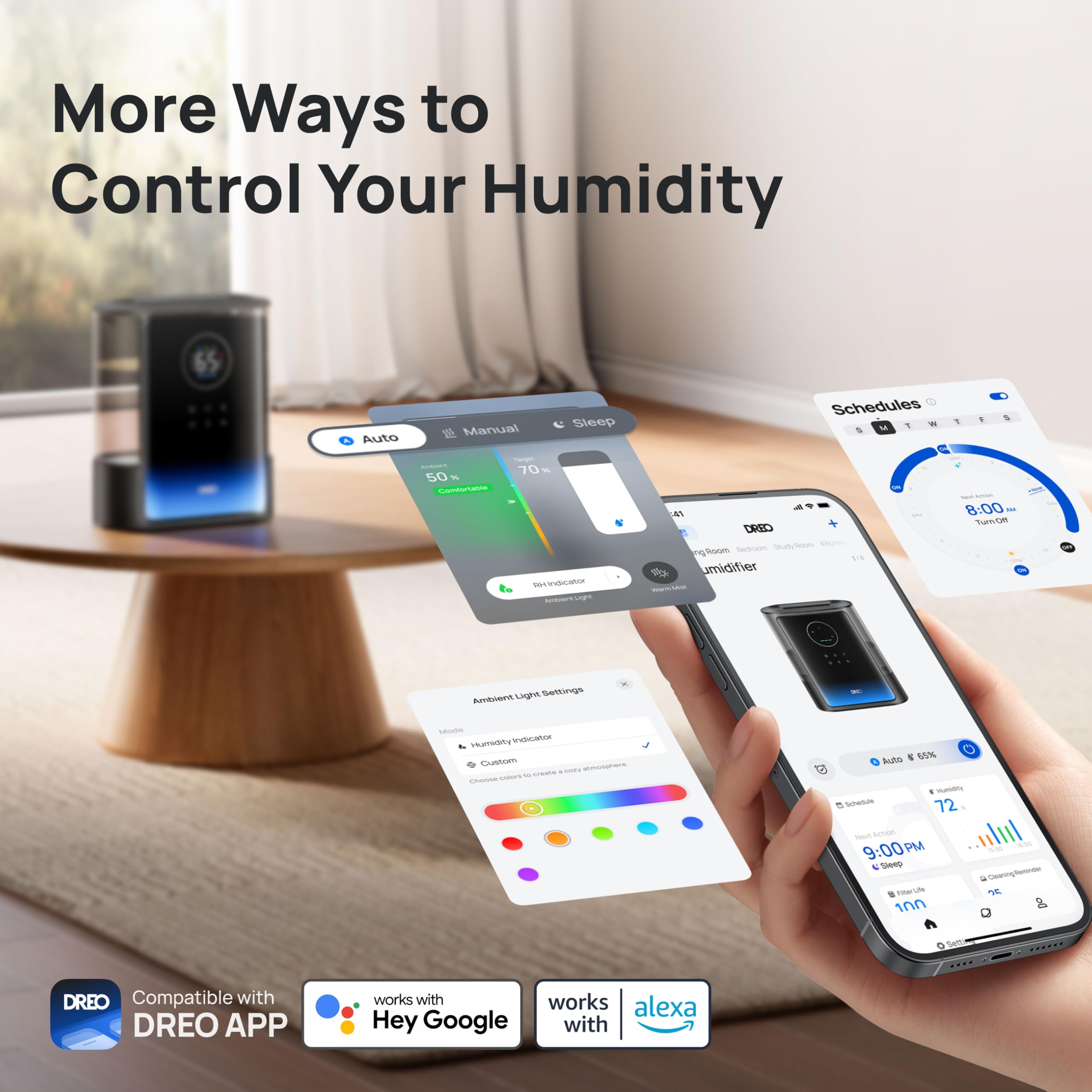 DREO HM717S with Alexa and Google control enables hands-free use.